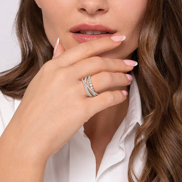 14K White Gold Diamond Layered Criss Cross Ring