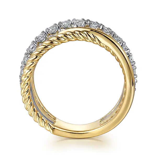 14K White and Yellow Gold Diamond Rope Twisted Ladies Ring