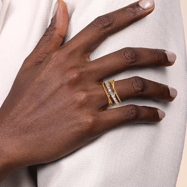 14K White and Yellow Gold Diamond Rope Twisted Ladies Ring