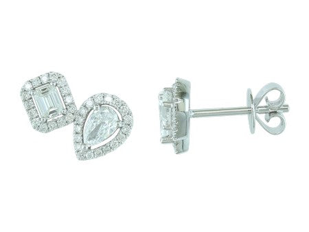 18K White Gold Octagon and Pear Cut Diamond Stud Earrings
