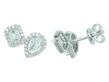 18K White Gold Octagon and Pear Cut Diamond Stud Earrings