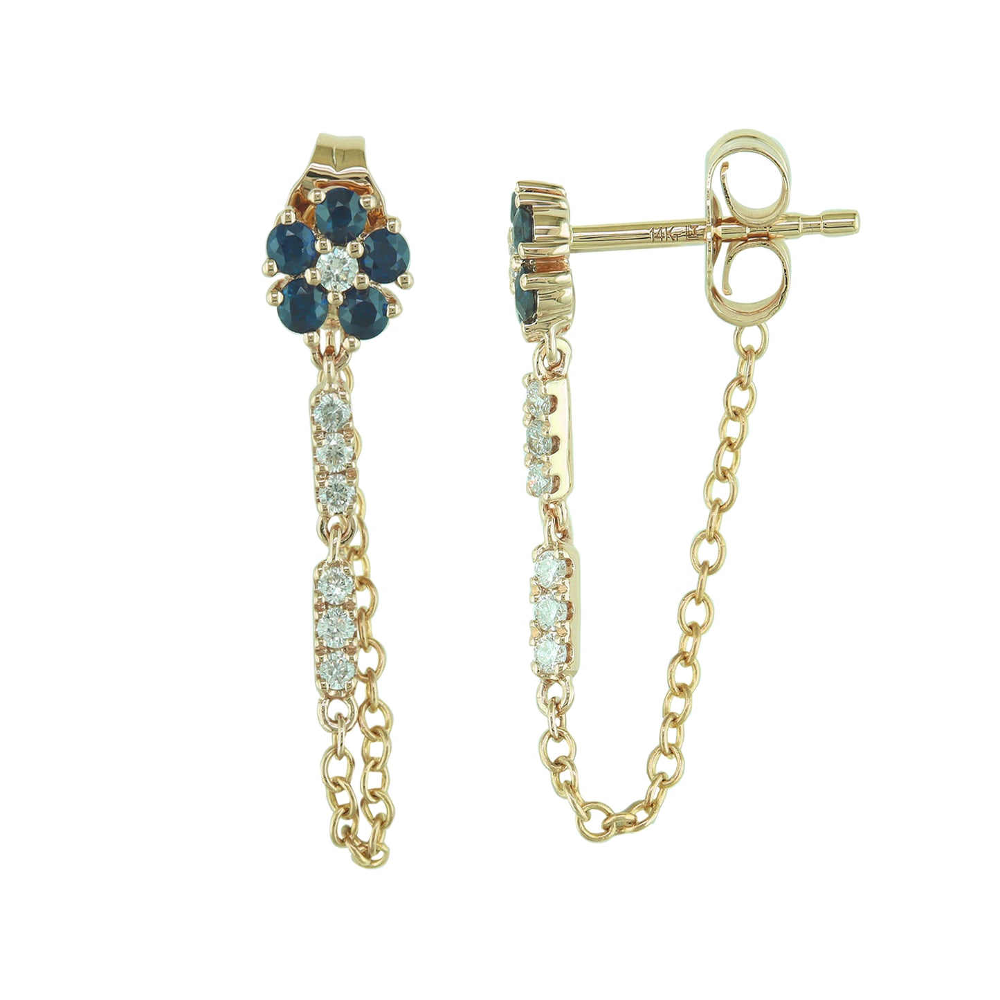 14K Yellow Gold Sapphire and Diamond Flower Chain Earrings