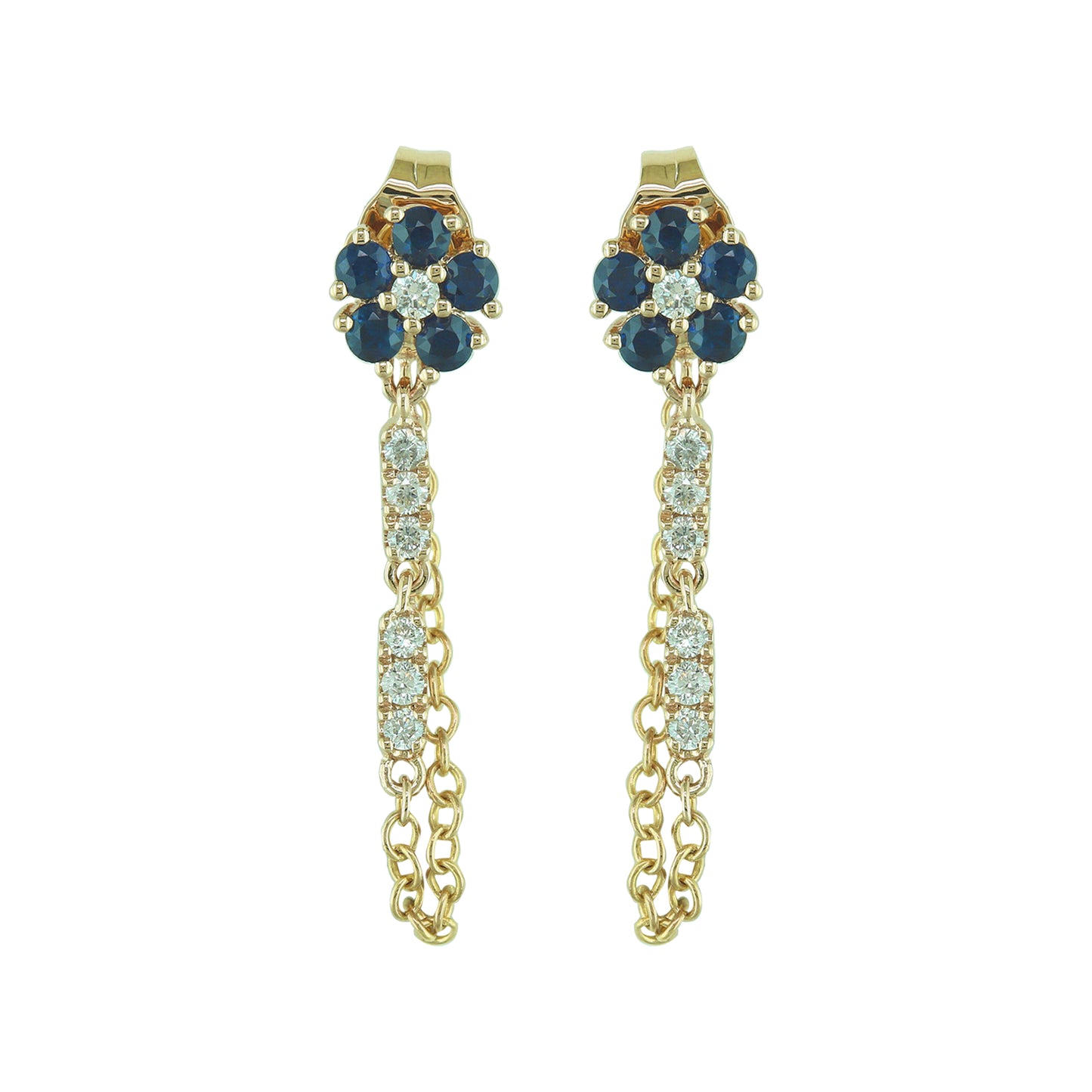 14K Yellow Gold Sapphire and Diamond Flower Chain Earrings