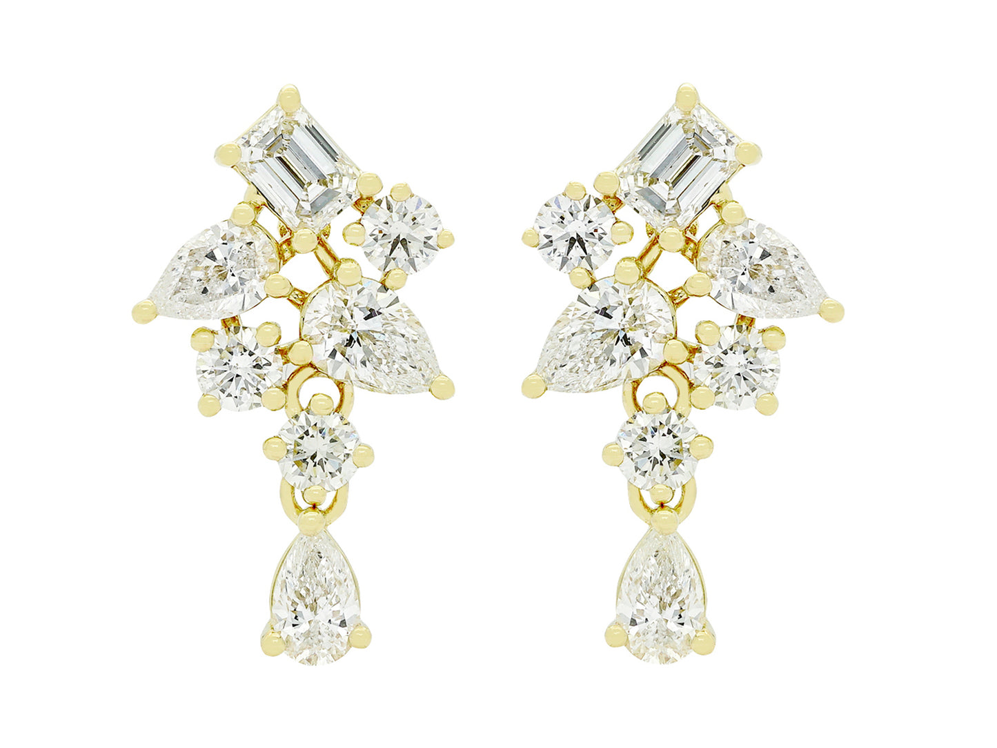 18K Yellow Gold Fancy Cut Cluster Drop Earrings