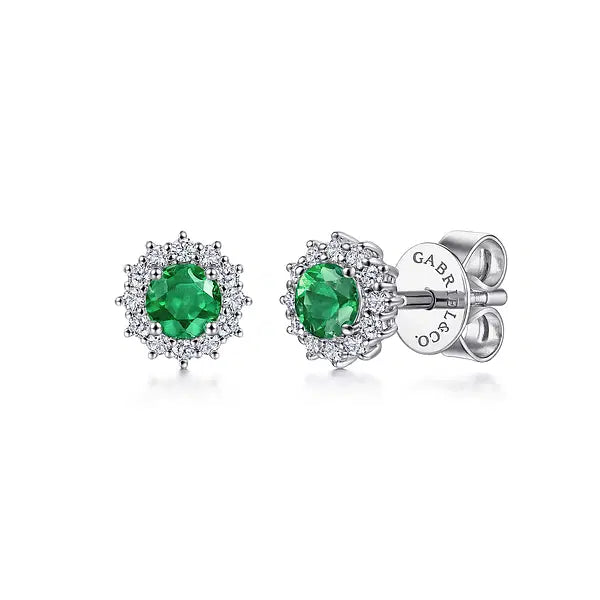 14K White Gold Emerald and Diamond Halo Stud Earrings