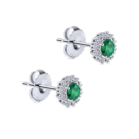 14K White Gold Emerald and Diamond Halo Stud Earrings