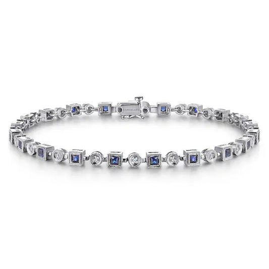 14K White Gold Geometric Diamond and Sapphire Tennis Bracelet