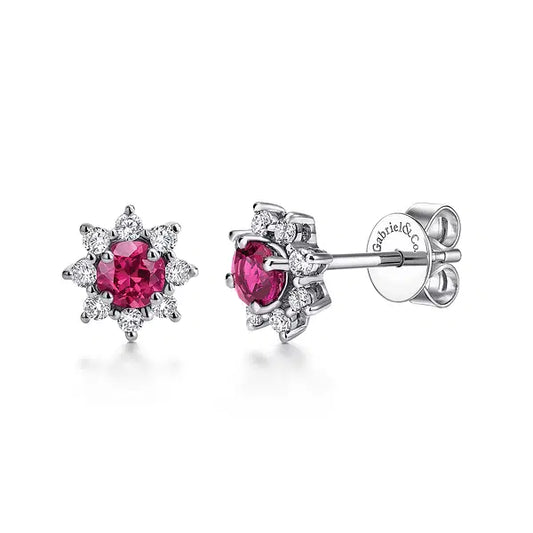 14K White Gold Round Ruby and Diamond Halo Stud Earrings