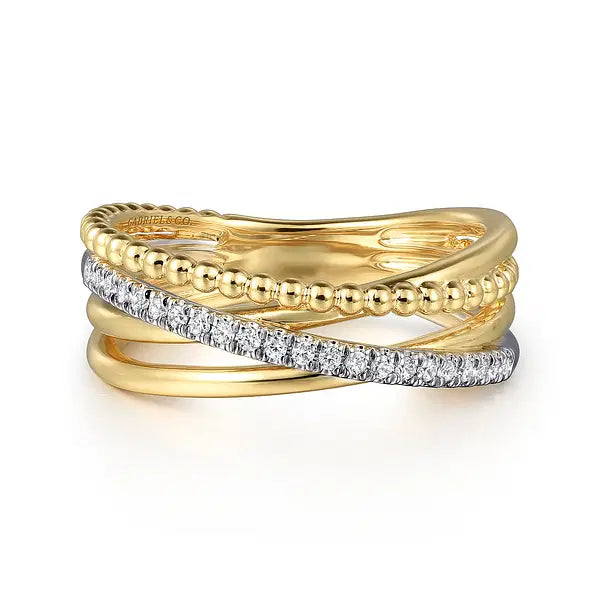 14K White and Yellow Gold Diamond Criss Cross Bujukan Ladies Ring