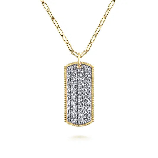 14K Yellow Gold Diamond Pave Dog Tag Pendant Hollow Chain Necklace