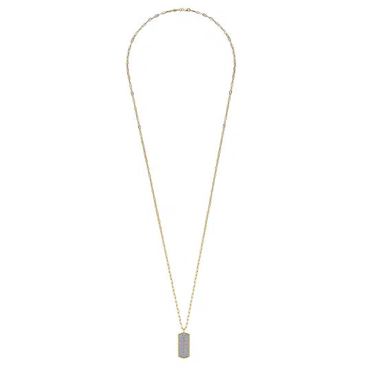 14K Yellow Gold Diamond Pave Dog Tag Pendant Hollow Chain Necklace