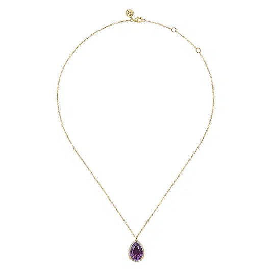 14K Yellow Gold Diamond and Flat Teardrop Amethyst Necklace With Flower Pattern J-Back