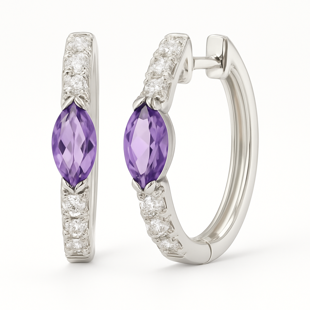 18K White Gold Marquise Amethyst Diamond Hoop Earrings