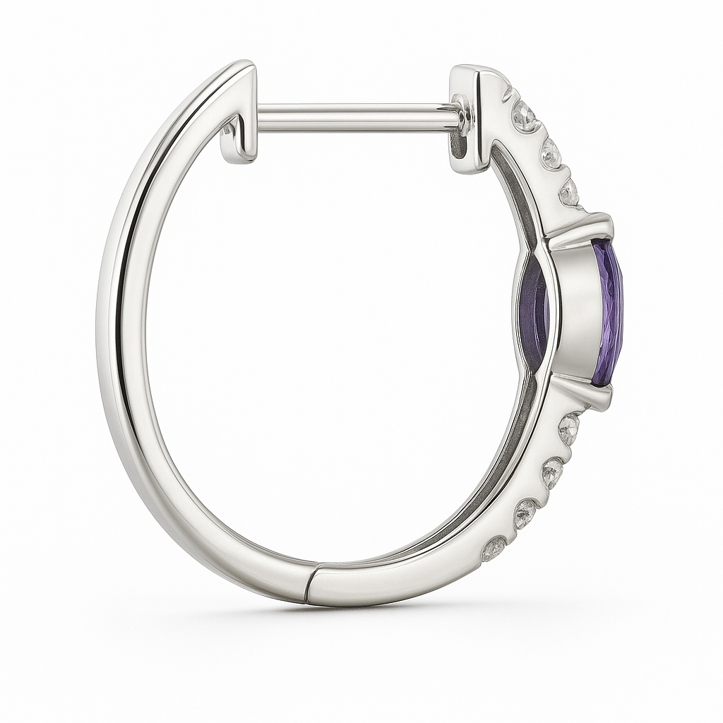 18K White Gold Marquise Amethyst Diamond Hoop Earrings