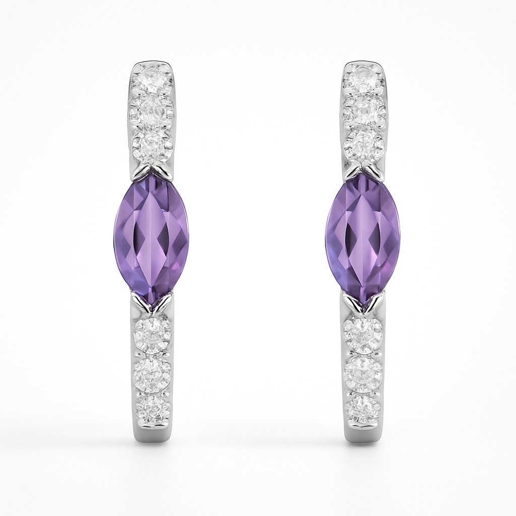 18K White Gold Marquise Amethyst Diamond Hoop Earrings
