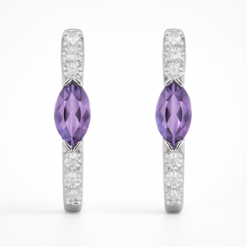 18K White Gold Marquise Amethyst Diamond Hoop Earrings