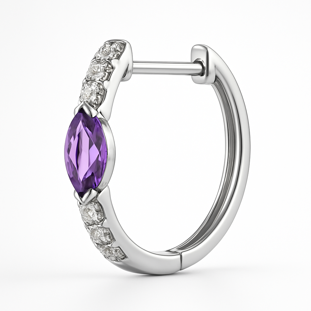 18K White Gold Marquise Amethyst Diamond Hoop Earrings