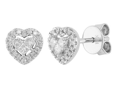 18K White Gold Princess Cut Diamond Heart Stud Earrings