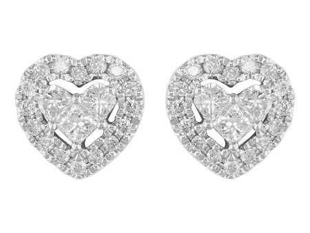 18K White Gold Princess Cut Diamond Heart Stud Earrings