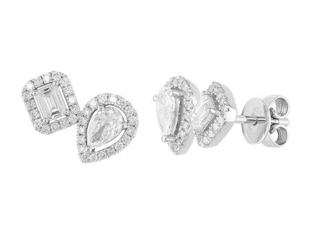 18K White Gold Octagon and Pear Cut Diamond Stud Earrings
