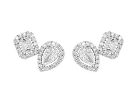 18K White Gold Octagon and Pear Cut Diamond Stud Earrings