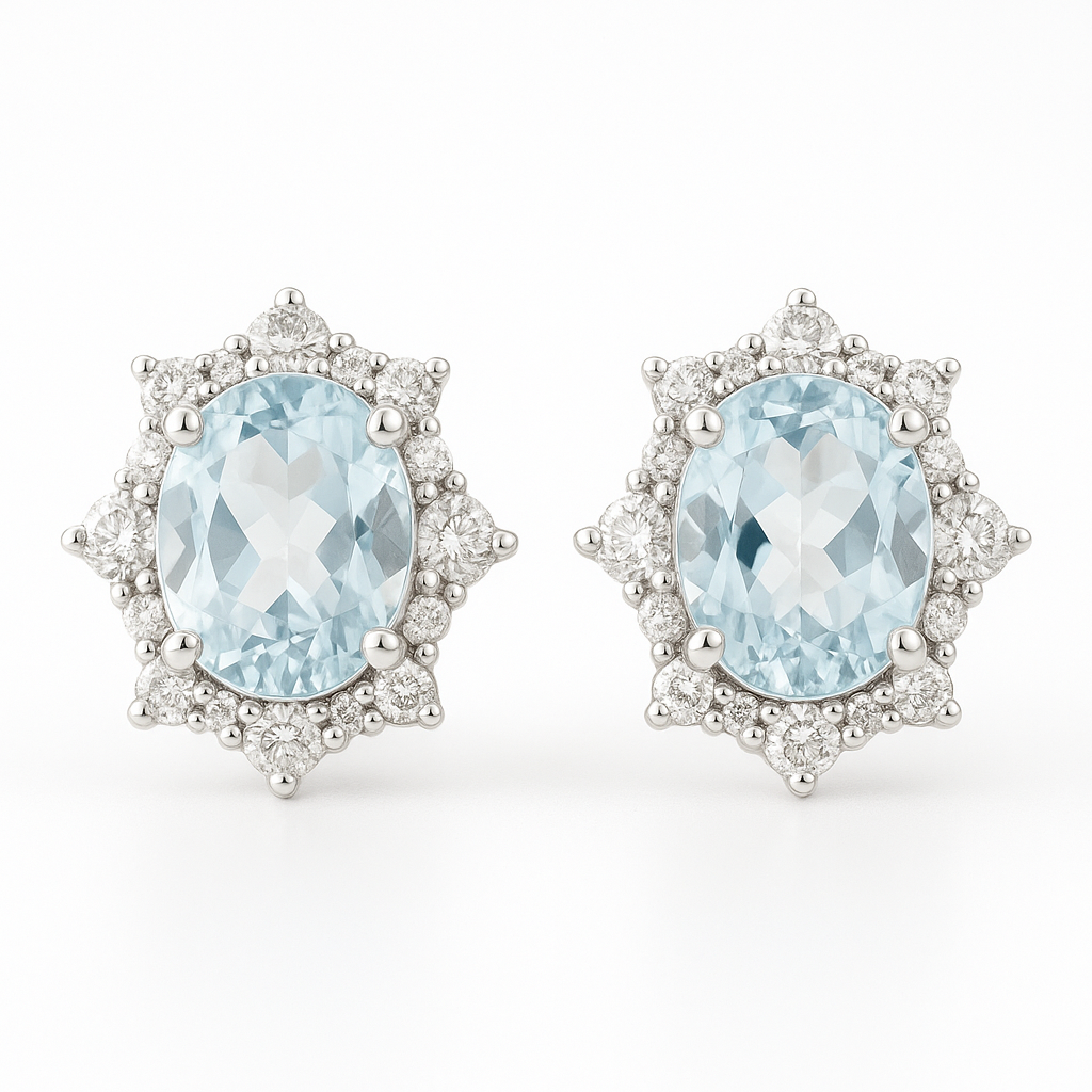 18K White Gold Aquamarine Diamond Stud Earrings-EE3876AQ