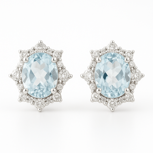 18K White Gold Aquamarine Diamond Stud Earrings-EE3876AQ