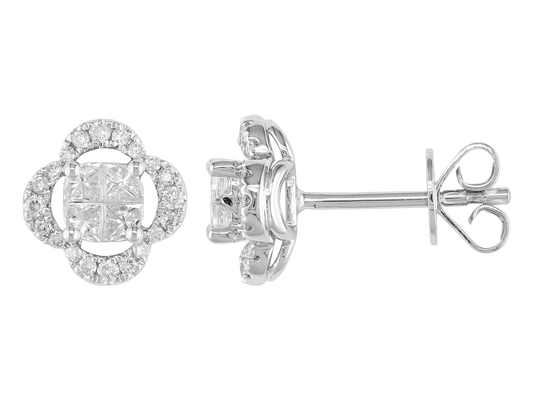 18K White Gold Four Leaf Clover Princess Cut Stud Earrings