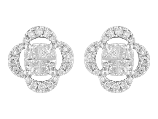 18K White Gold Four Leaf Clover Princess Cut Stud Earrings