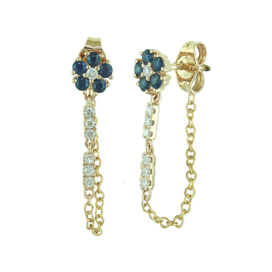 14K Yellow Gold Sapphire and Diamond Flower Chain Earrings