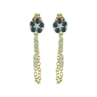 14K Yellow Gold Sapphire and Diamond Flower Chain Earrings