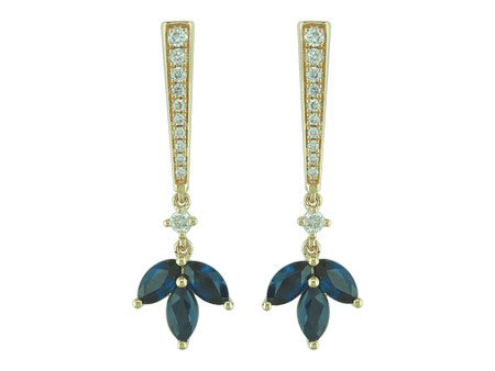 14K Yellow Gold Marquise Cut Sapphire and Diamond Drop Dangle Earrings