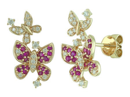 14K Yellow Gold Ruby and Diamond Butterfly Earrings