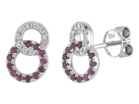 14K White Gold Double Circle Ruby and Diamond Stud Earrings