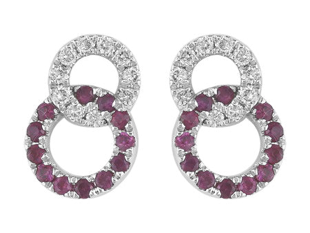 14K White Gold Double Circle Ruby and Diamond Stud Earrings