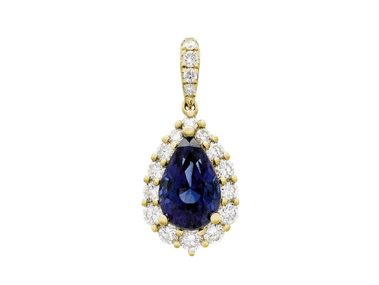 18K Yellow Gold Pear Cut Sapphire and Diamond Pendant