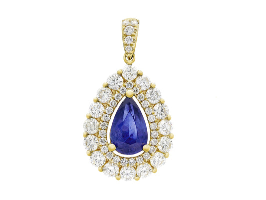18K Yellow Gold Pear Cut Sapphire and Diamond Pendant