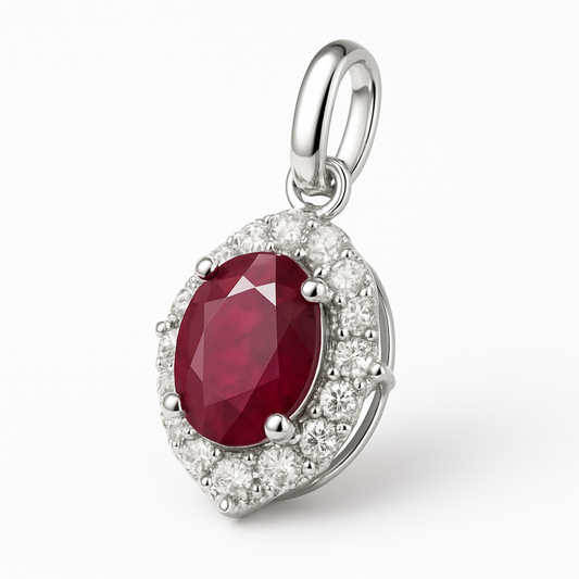 14K White Gold Oval Ruby Diamond Pendant-PG3669RB
