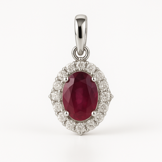 14K White Gold Oval Ruby Diamond Pendant-PG3669RB