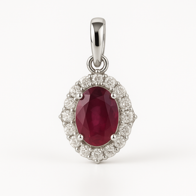 14K White Gold Oval Ruby Diamond Pendant-PG3669RB