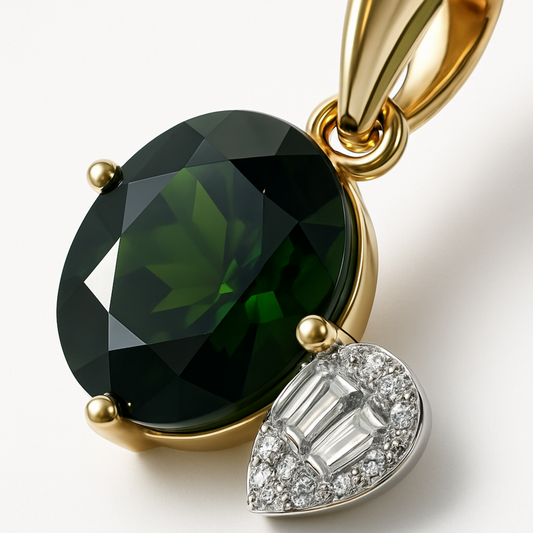 14K Two Tone Oval Green Tourmaline Diamond Pendant-PG5004GT
