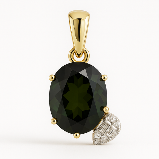 14K Two Tone Oval Green Tourmaline Diamond Pendant-PG5004GT