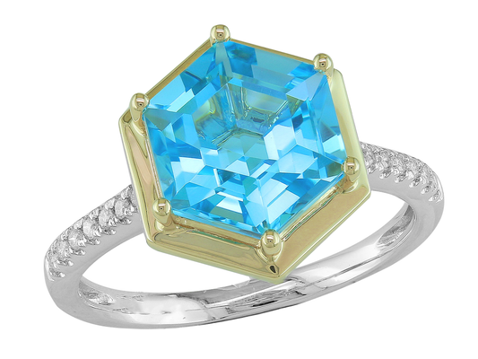 14K Gold Birthstone Ring Bezel Set Hexagonal Two Tone Gold