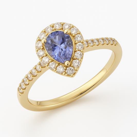 14K Yellow Gold Tear Drop Tanzanite Diamond Ring-RG6103TA