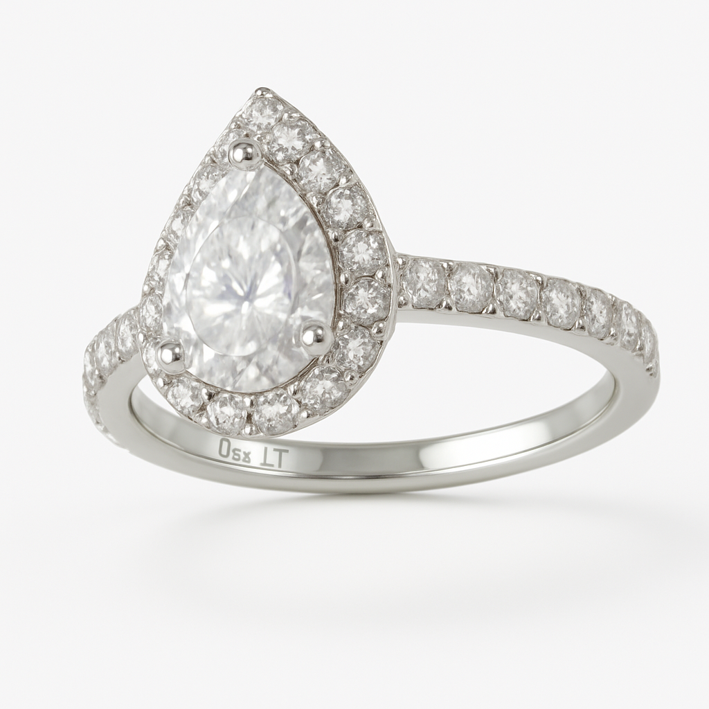 18K White Gold Tear Drop Halo Set Diamond Engagement Ring