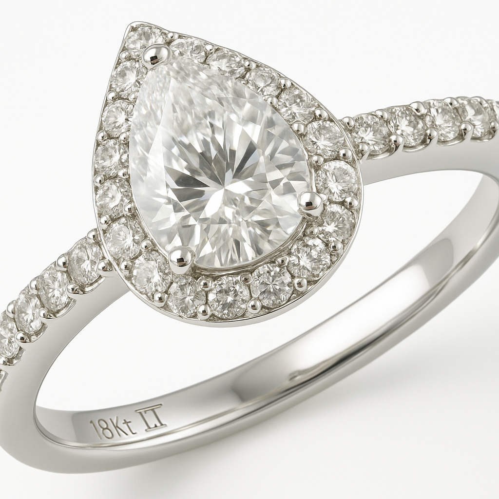 18K White Gold Tear Drop Halo Set Diamond Engagement Ring