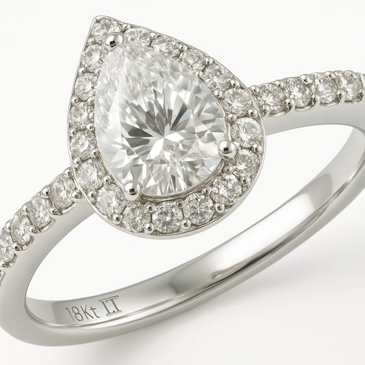 18K White Gold Tear Drop Halo Set Diamond Engagement Ring