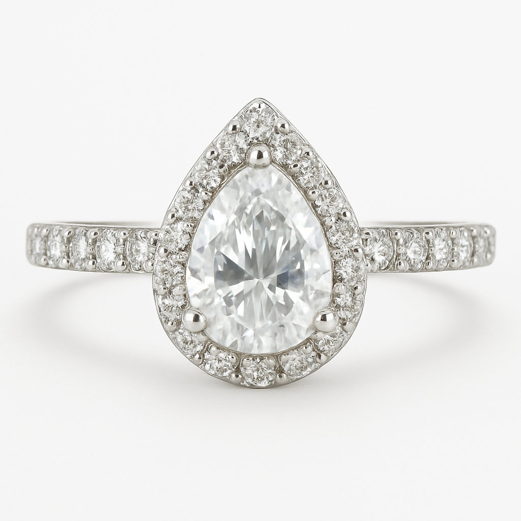 18K White Gold Tear Drop Halo Set Diamond Engagement Ring